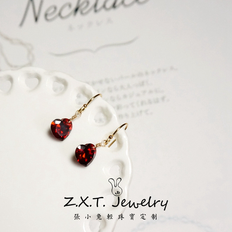纯银14k金爱心石榴石日韩风耳坠