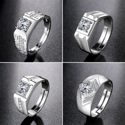 纯银男士戒指个性PT950莫桑石仿真钻石钻戒铂金霸气潮男单身指环