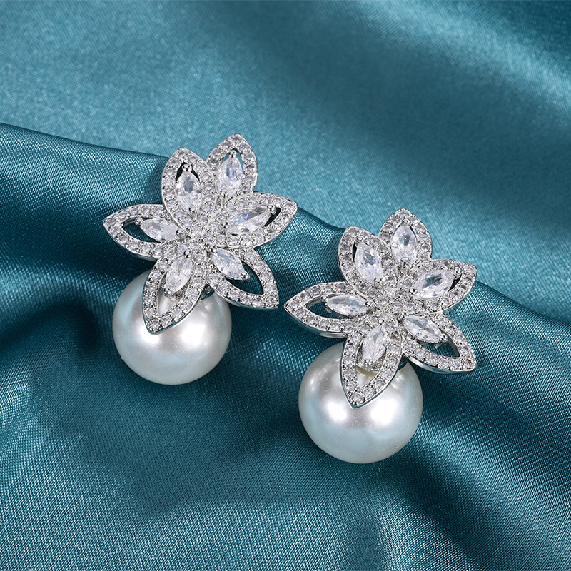 铜货镀真的宝石白钻大溪地澳洲贝母珍珠耳钉耳环女宴会珍珠饰品