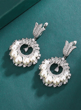 珠宝新款法式复古满钻大溪地澳洲贝母珍珠耳坠女气质时尚欧美风