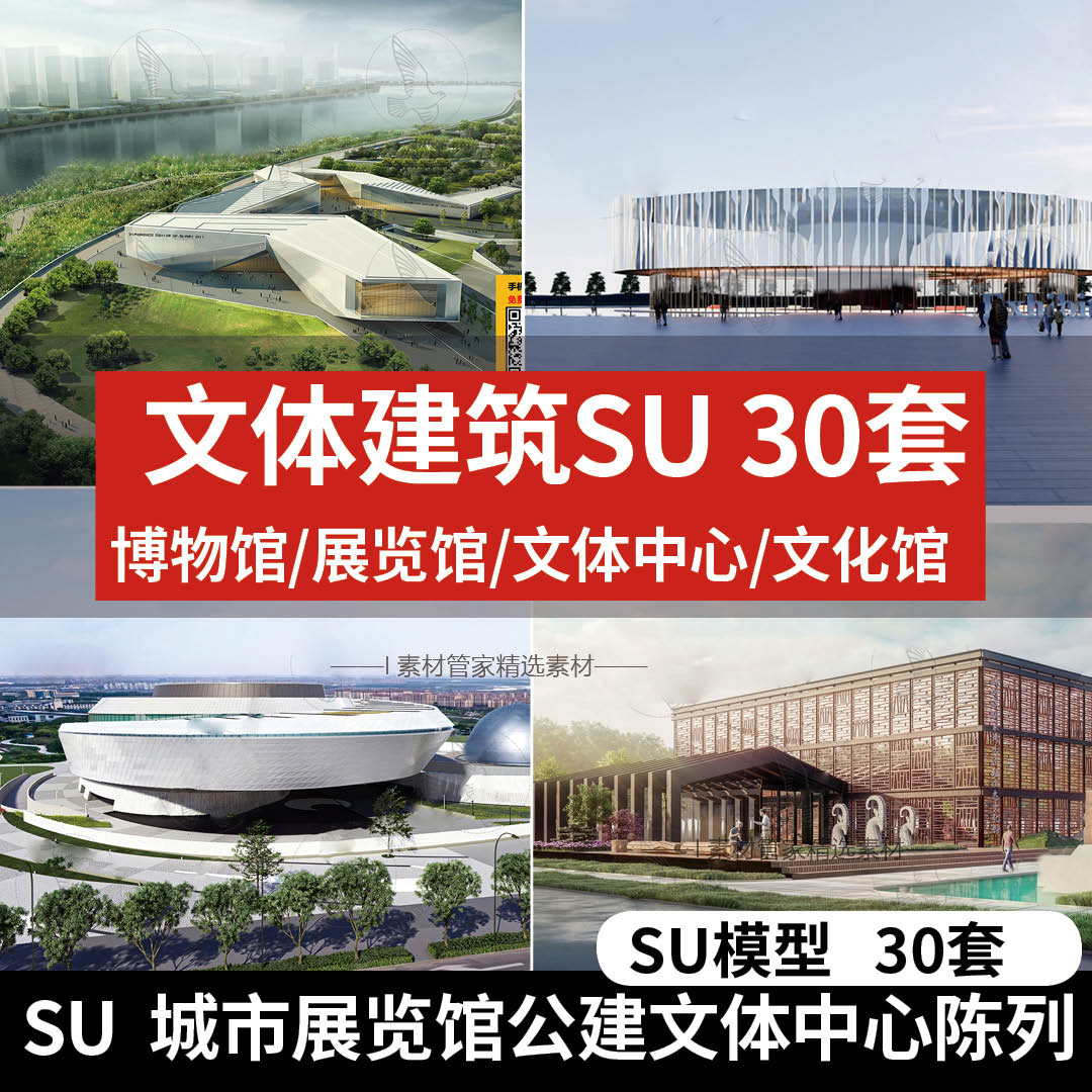 公共建筑文体中心展览馆SU模型现代城市展览馆博物馆图书馆艺术馆