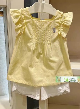 清仓夏款大小熊女童黄格子短袖衬衫风凉儿童半袖薄款T恤验货品质