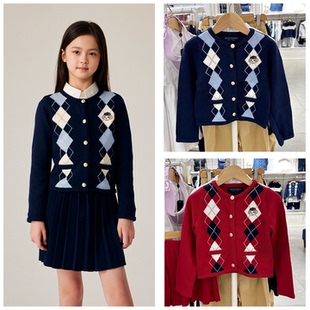 25秋款 毛衣裙子验货品质 围尼小熊女童学院风菱格纹纯棉针织衫
