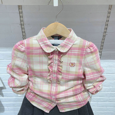 春季新款围尼小熊儿童装宝宝纯棉衬衣女童格纹衬衫验货品质