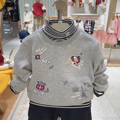 男童加绒中高领假两件休闲卫衣