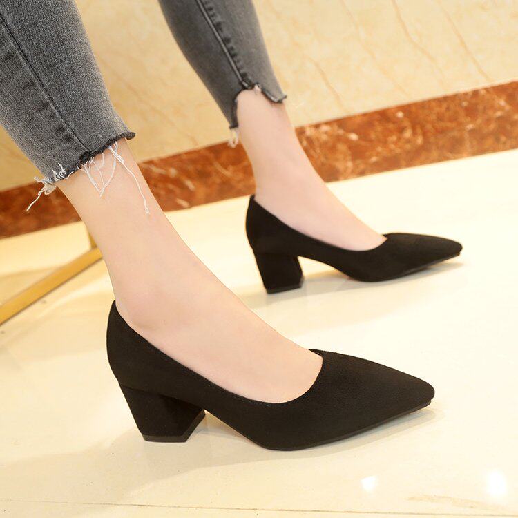 工作高跟鞋女黑色中跟3-5cm粗跟浅口上班职场学生礼仪尖头单四季7