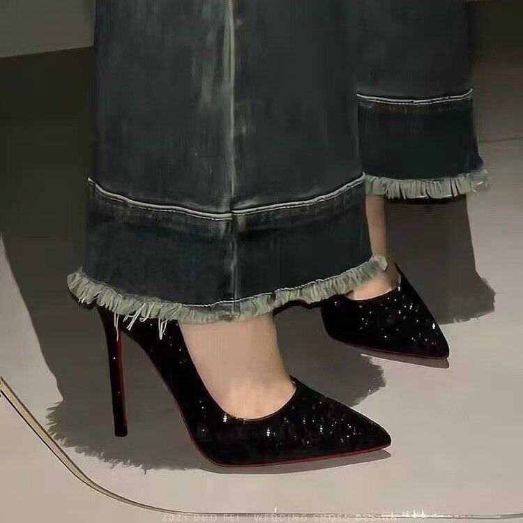 黑色高跟鞋女7cm水晶婚鞋细跟性感尖头职业单鞋大码亮片红底2025