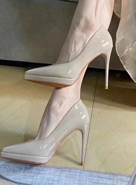 10cm裸色细跟防水台性感漆皮高跟鞋女2026新款礼服小码单鞋ol工作