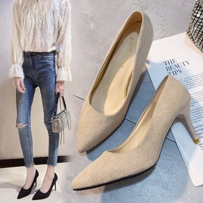 面试高跟鞋女性感细跟浅口7cm大码学生礼仪正装工作职场单鞋绒面9
