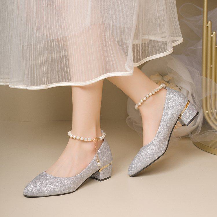 低跟3cm高跟鞋女圆头粗跟3cm串珠百搭银色礼服气质婚纱照单鞋亮片,女鞋,浅口单鞋,淘宝优惠券,粉丝福利购,淘宝优惠卷