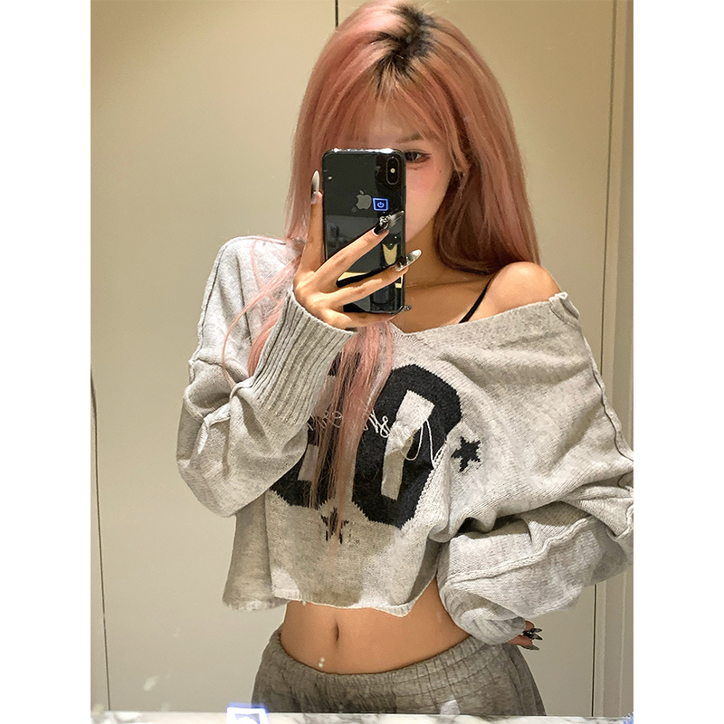 NECOYEP 美式设计感数字刺绣V领针织衫毛衣女春秋休闲百搭上衣