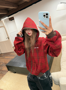 NECOYEP 美式拼色格纹刺绣加绒连帽开衫卫衣男女秋冬百搭帽衫外套