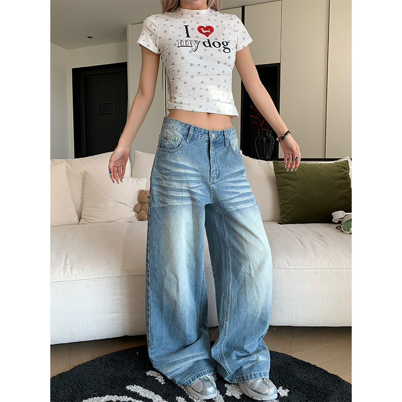 NECOYEP 2025春季美式折痕水洗牛仔裤男女宽松百搭拖地直筒长裤潮