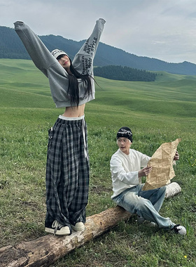 NECOYEP 美式拼色格子双腰头阔腿休闲裤男女慵懒宽松百搭拖地长裤