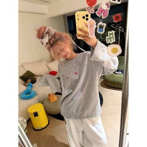 NECOYEP 美式星星字母烫钻长袖T恤男女宽松休闲百搭打底衫上衣