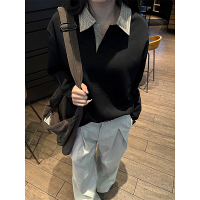 NECOYEP 美式复古千鸟格拼接polo领卫衣男女秋季宽松重磅打底衫