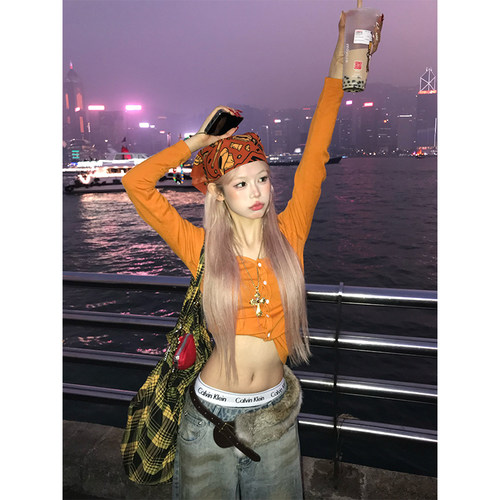 NECOYEP 美式复古一字肩长袖短款针织衫上衣女辣妹修身显瘦打底衫