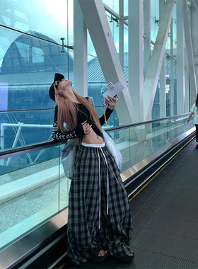 NECOYEP 美式拼色格子双腰头阔腿休闲裤男女慵懒宽松百搭拖地长裤