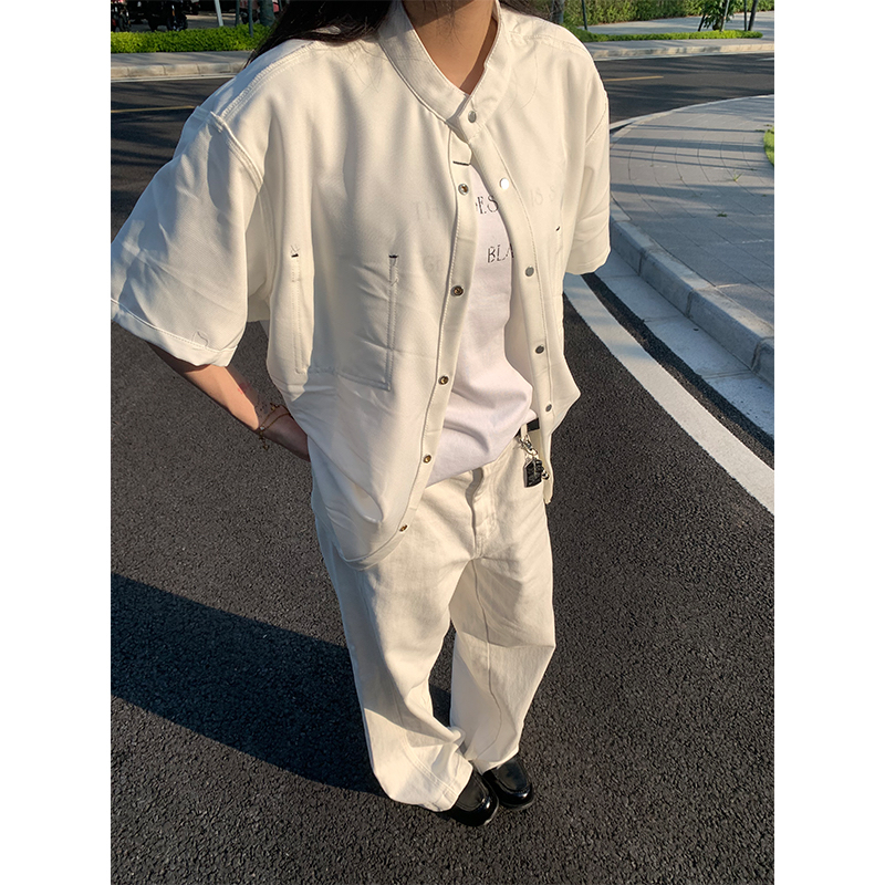 NECOYEP美式复古简约高级感短袖衬衫男女宽松百搭垂感感休闲上衣