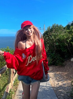 NECOYEP 自制美式字母印花斜肩长袖卫衣女辣妹露肩宽松秋季上衣