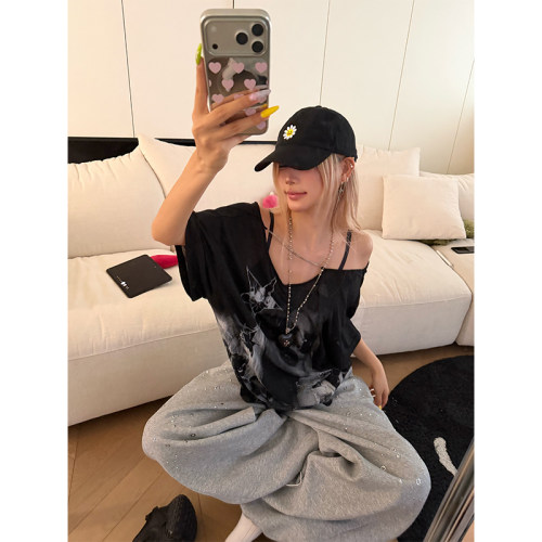 NECOYEP 美式人物印花薄款链条露背短袖T恤女夏季宽松休闲上衣