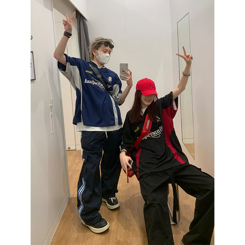 NECOYEP美式V领刺绣拼接短袖