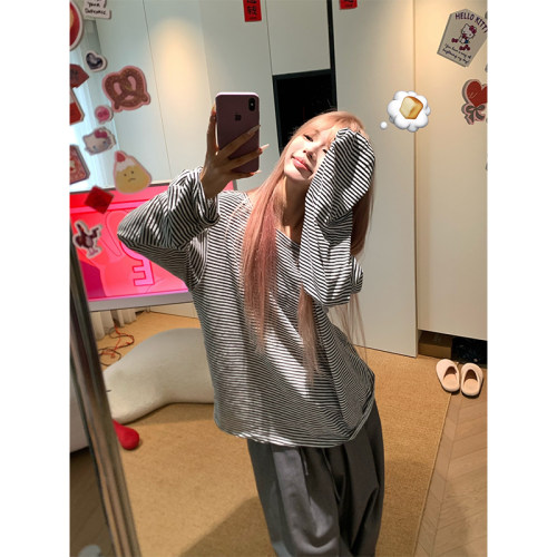 NECOYEP 美式复古撞色条纹斜肩长袖T恤女宽松休闲慵懒百搭上衣