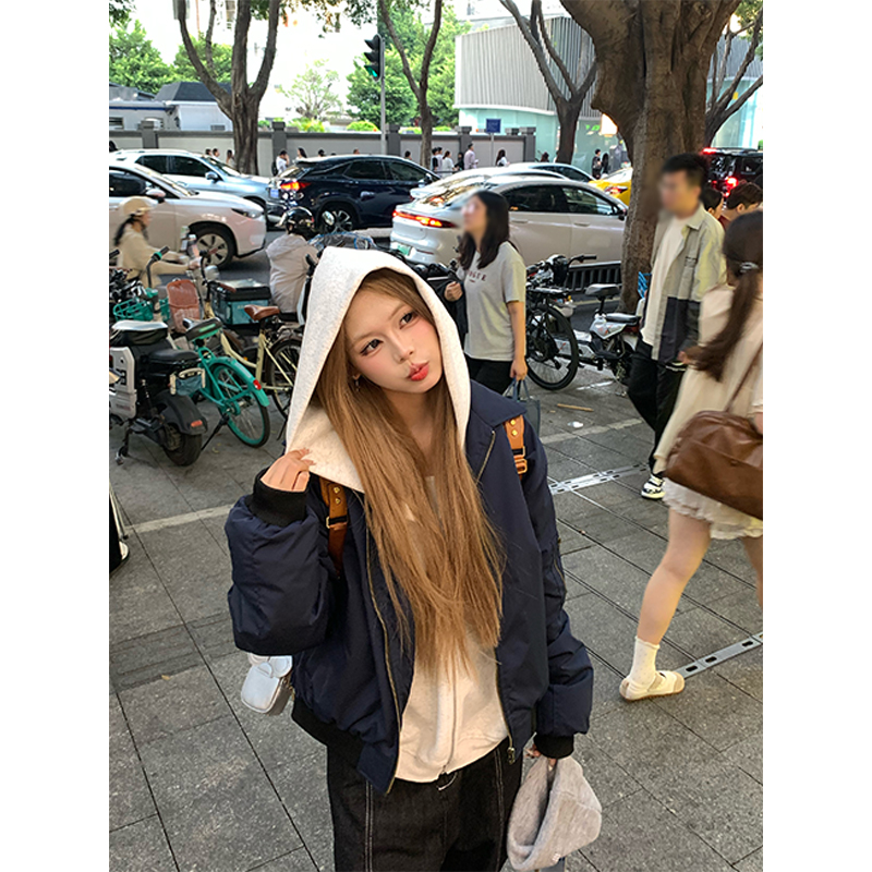 NECOYEP 美式高街飞行员翻领夹棉夹克男女秋冬宽松潮流棒球服外套