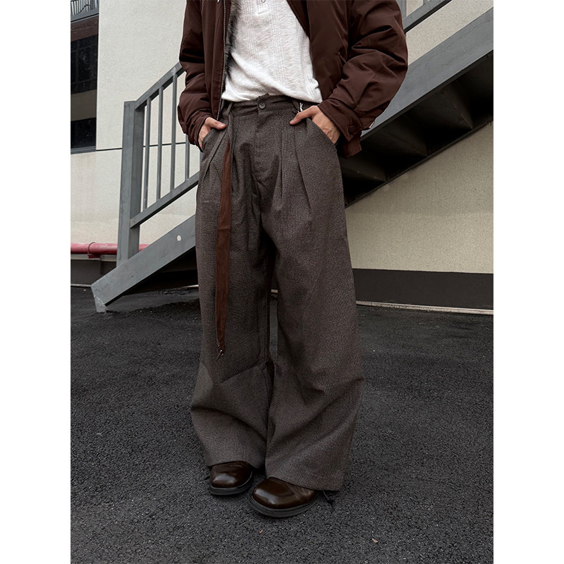 NECOYEP 美式设计感千鸟格打褶腰带阔腿西裤男女百搭老钱垂感长裤,男装,休闲裤,淘宝优惠券,粉丝福利购,淘宝优惠卷