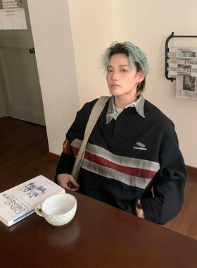 NECOYEP2025美式做旧撞色拼接不规则翻领卫衣男女宽松polo衫上衣