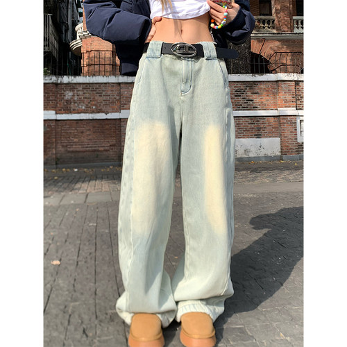 NECOYEP 2025美式复古做旧加绒牛仔裤男女宽松百搭直筒阔腿长裤潮