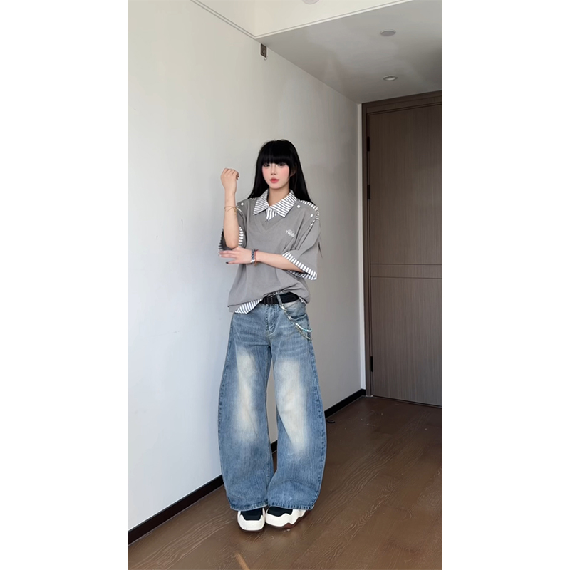 NECOYEP美式复古水洗竹节纹弯刀牛仔裤男女百搭宽松廓形阔腿长裤