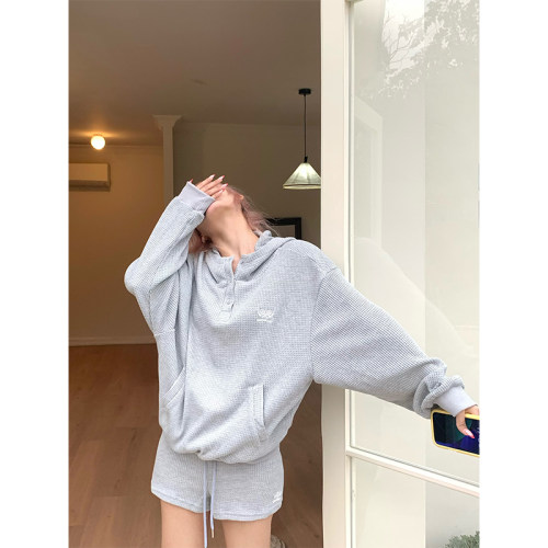 NECOYEP 美式简约华夫格刺绣连帽卫衣男女宽松休闲短裤两件套