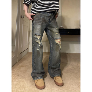 NECOYEP 2025美式高街破洞牛仔裤男潮牌痞帅炸街直筒宽松长裤子