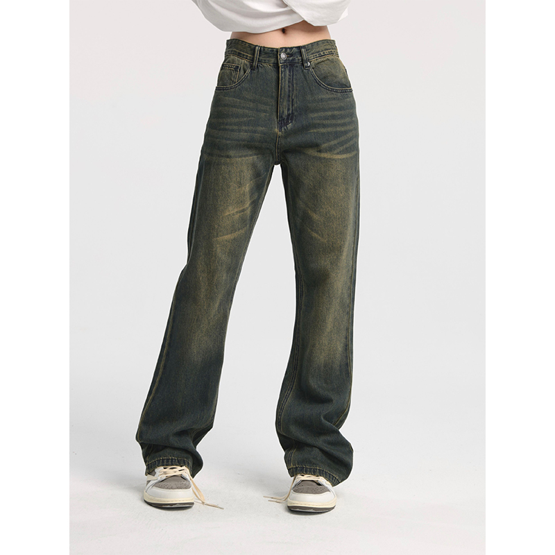 黄泥绿水做旧宽松微喇牛仔裤