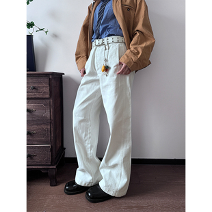 NECOYEP 復古白色簡約牛仔褲 男女寬松休閑拖地闊腿直筒長褲 美式