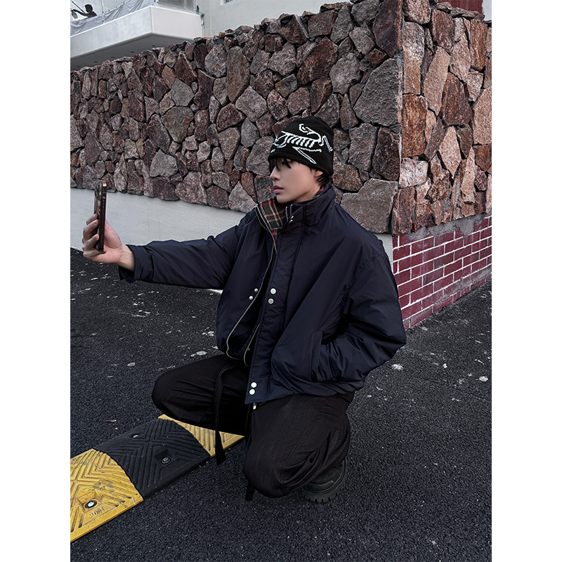 NECOYEP 冬季美式格纹立领假两件羽绒服男女宽松百搭飞行员棉衣