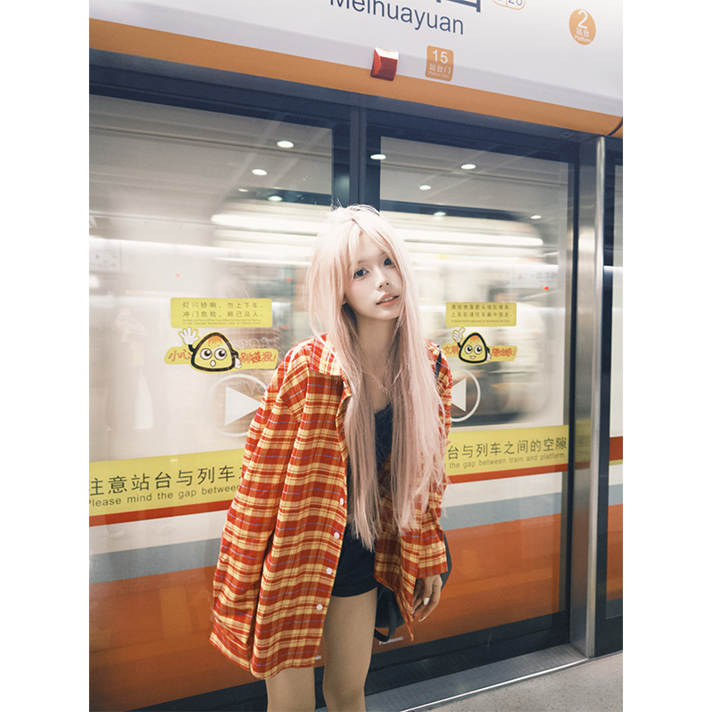 NECOYEP 2025春季美式复古格纹钉珠长袖衬衫男女宽松休闲开衫外套