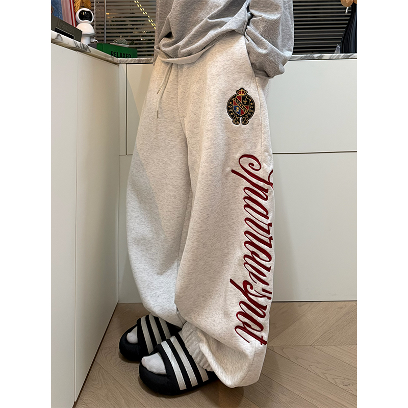NECOYEP 美式字母刺绣松紧腰阔腿加绒卫裤男女慵懒宽松休闲长裤