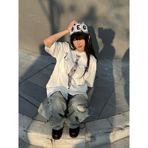 NECOYEP美式学院风趣味手绘领带半袖衬衫男女夏宽松休闲打底上衣