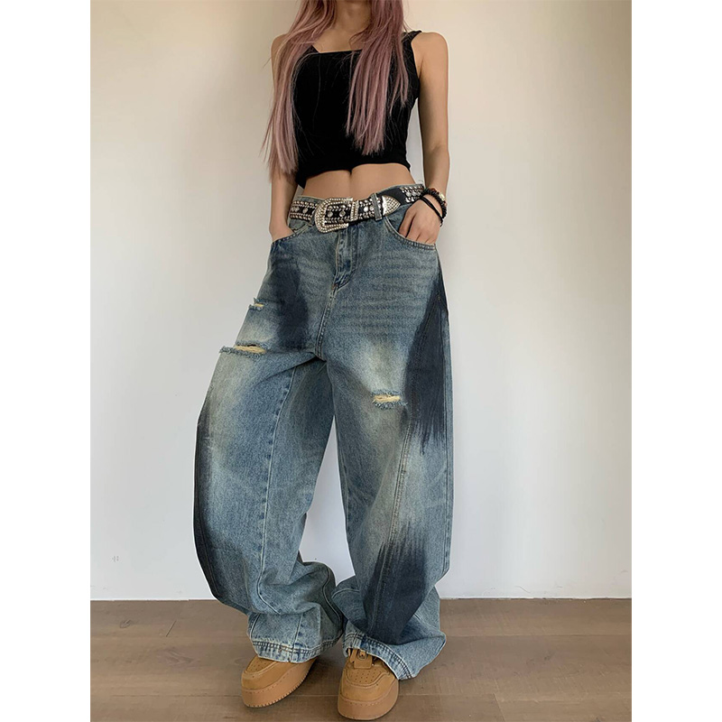 NECOYEP2025春季美式脏染破洞牛仔裤男女宽松直筒休闲阔腿长裤