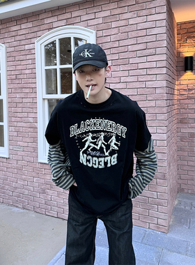 NECOYEP2025美式复古人像印花拼接条纹假两件T恤男女宽松长袖上衣