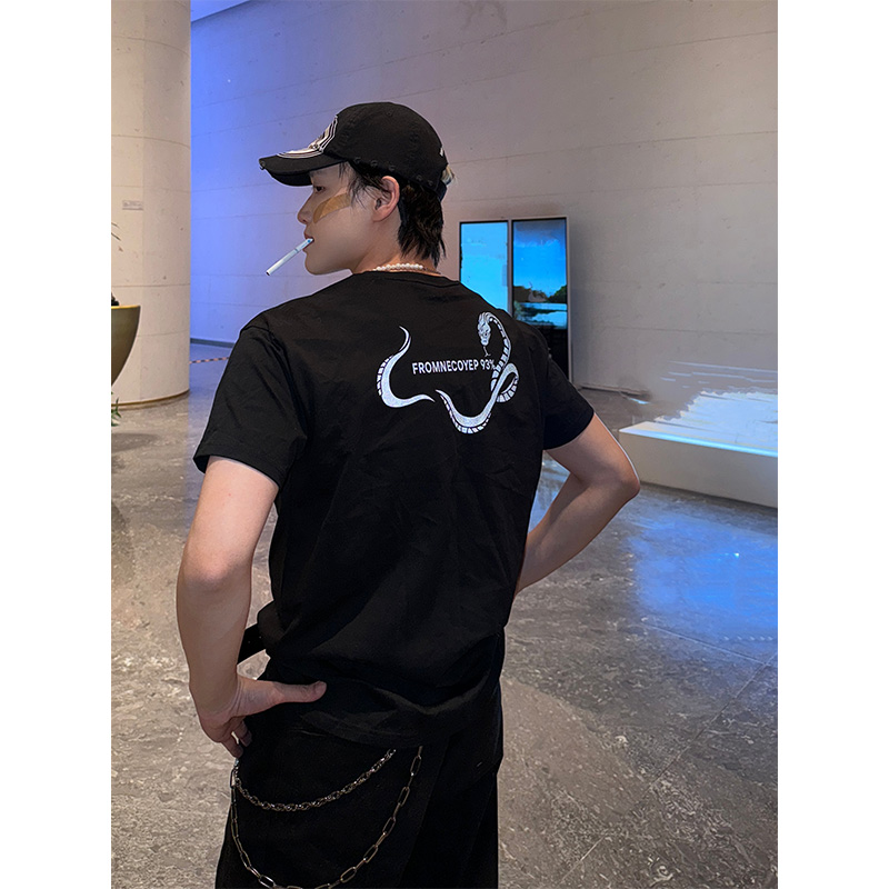 NECOYEP自制美式蛇形字母印花短袖T恤男女夏季宽松休闲打底衫上衣