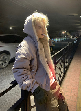 NECOYEP 2025秋冬美式大毛领毛绒连帽棉服男女冬季宽松保暖棉衣潮