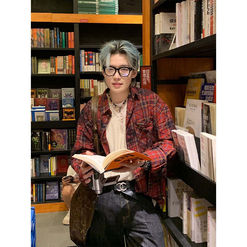 NECOYEP2025美式小众设计格子撞色长袖衬衫男女宽松休闲百搭上衣