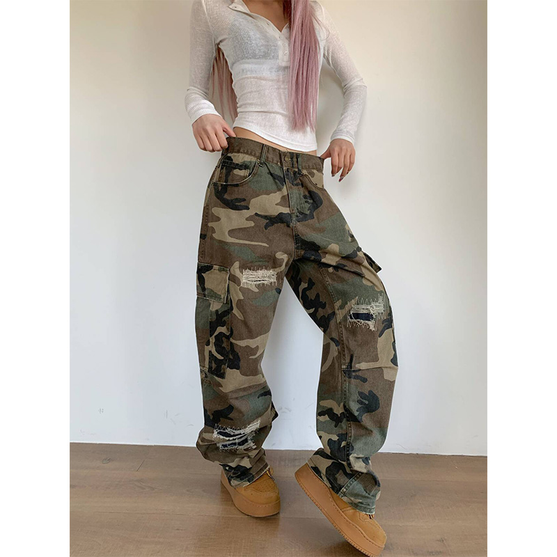 NECOYEP2025春季美式破洞补丁直筒迷彩工装裤男女宽松百搭休闲裤