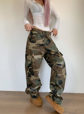 NECOYEP2025春季美式破洞补丁直筒迷彩工装裤男女宽松百搭休闲裤