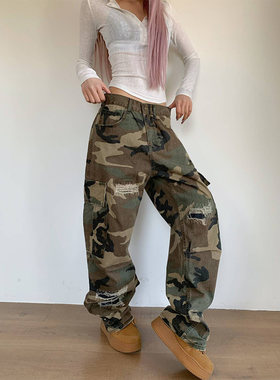 NECOYEP2025春季美式破洞补丁直筒迷彩工装裤男女宽松百搭休闲裤