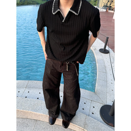 NECOYEP美式条纹正肩针织polo衫短袖T恤男女夏季时尚宽松休闲上衣