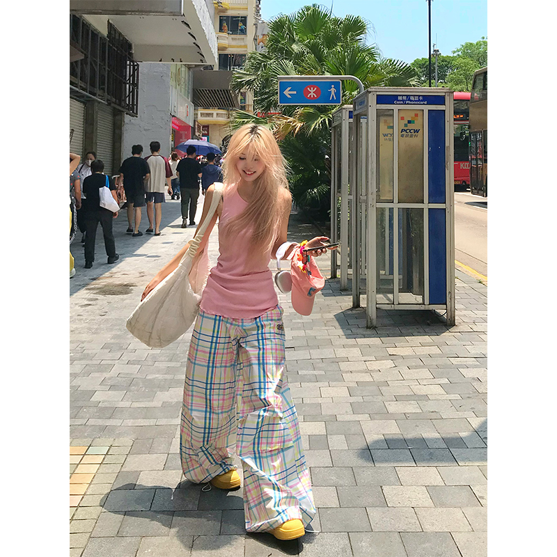 NECOYEP美式复古彩色格纹抽绳休闲裤女夏季低腰显瘦直筒阔腿长裤